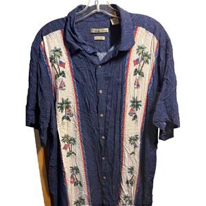 Batik Bay Navy Blue Men’s L Shirt USA Flag Palm Print Hawaiian Rayon SS Button